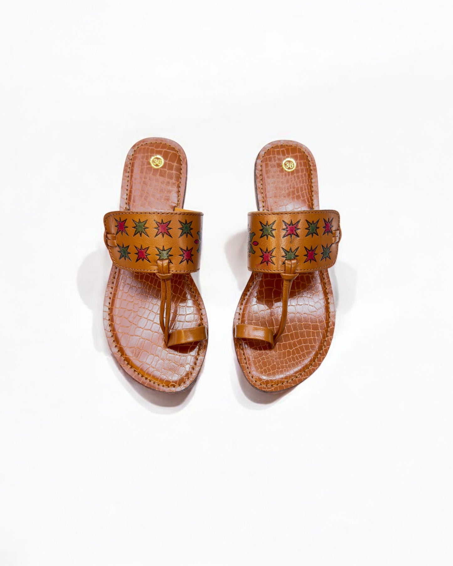 Women's Stylish Flat Leather Chappal with Diamond Multicolor Engraved Design –