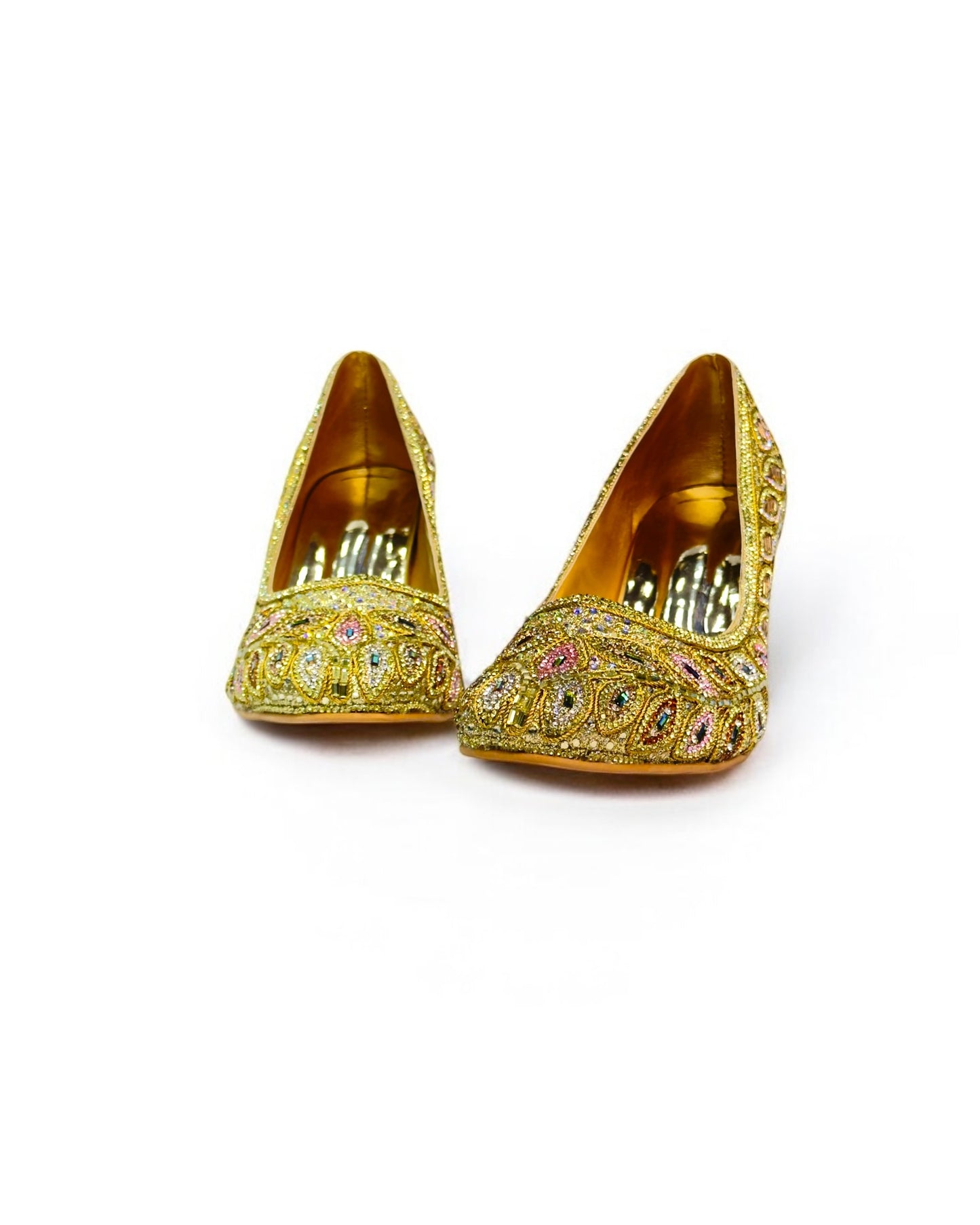 Women's Golden Antique Stone Box Heels – Luxury Wedding, Reception, & Formal Occasion Footwear