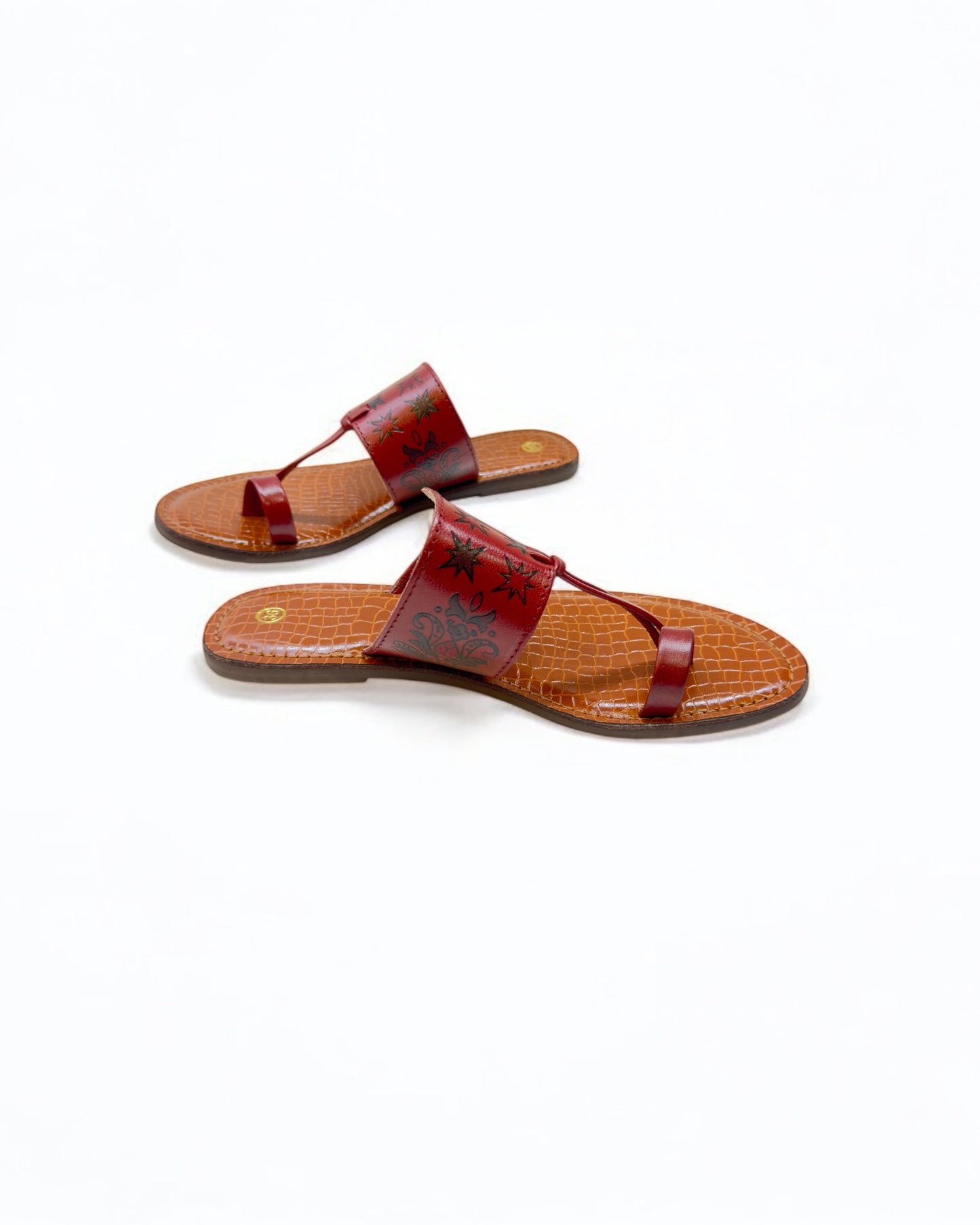 Women's Stylish Flat Leather Chappal with Diamond Multicolor Engraved Design –