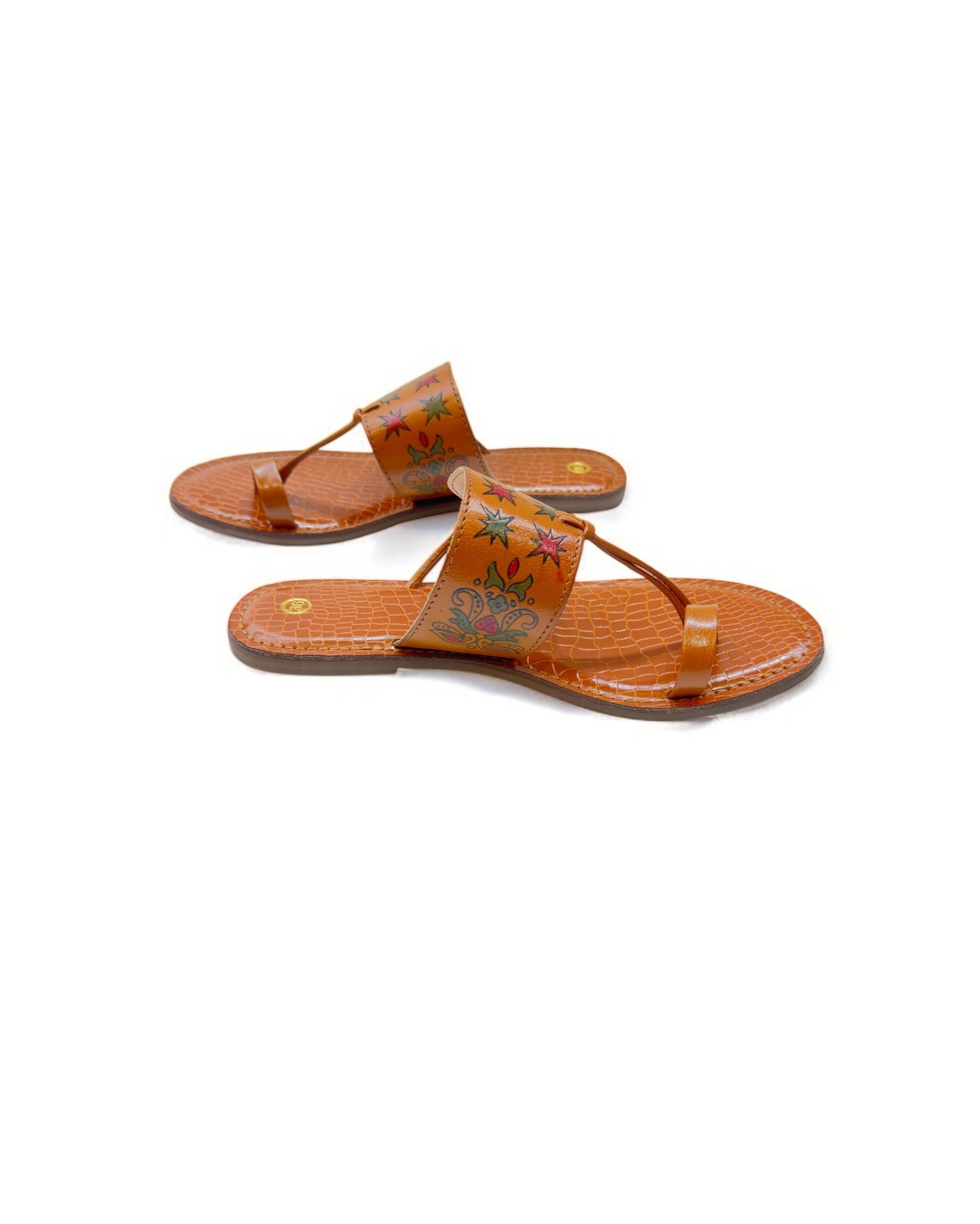 Women's Stylish Flat Leather Chappal with Diamond Multicolor Engraved Design –