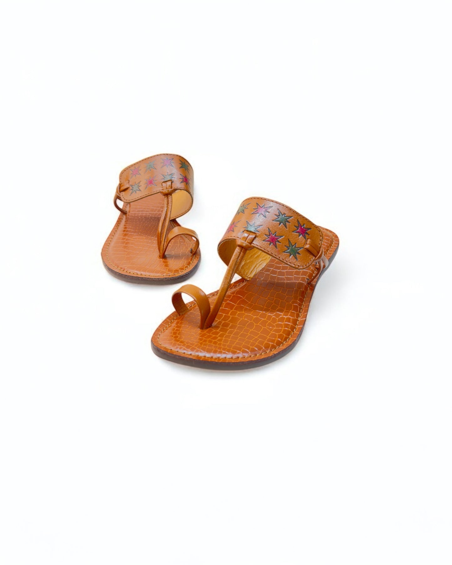 Women's Stylish Flat Leather Chappal with Diamond Multicolor Engraved Design –