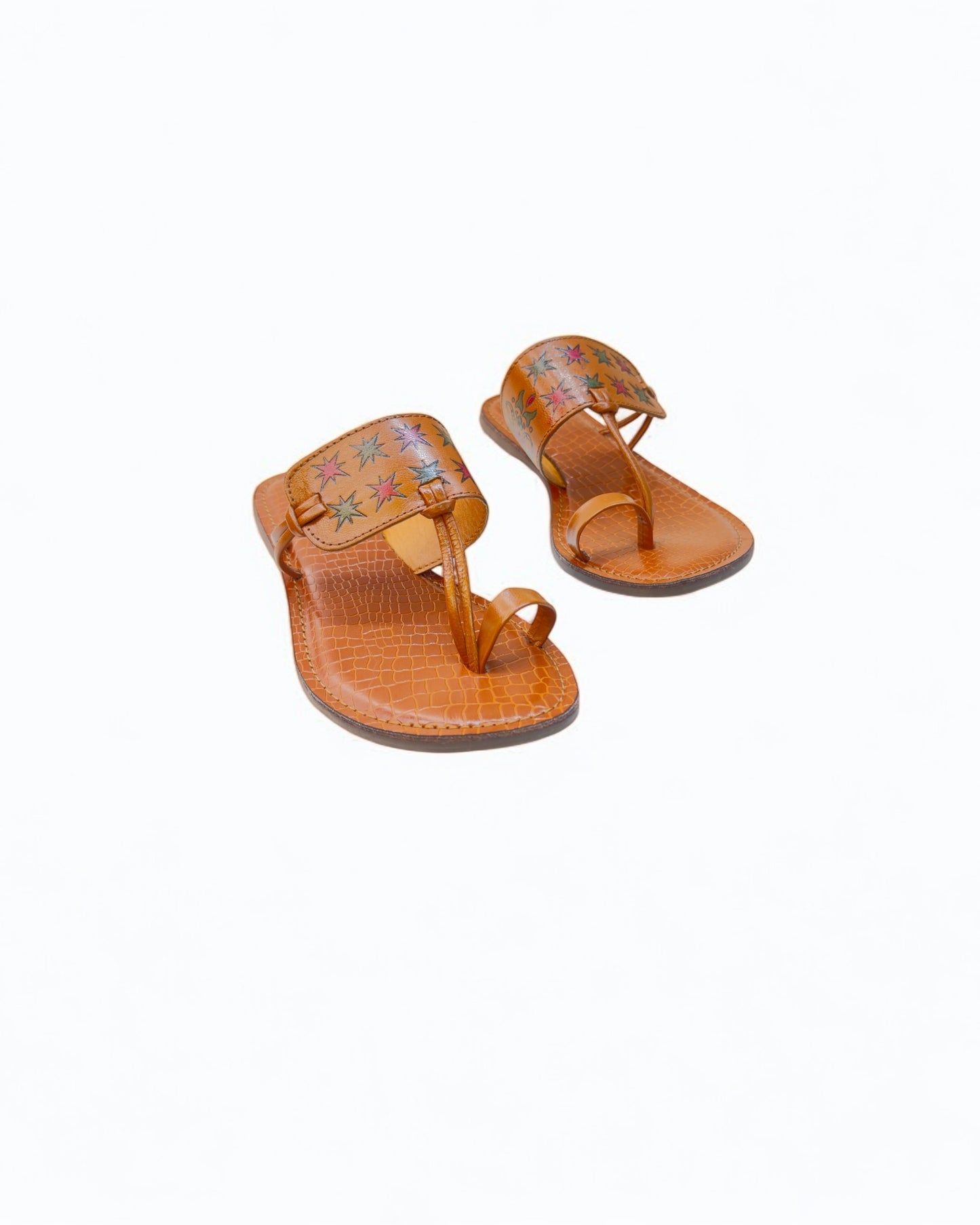 Women's Stylish Flat Leather Chappal with Diamond Multicolor Engraved Design –