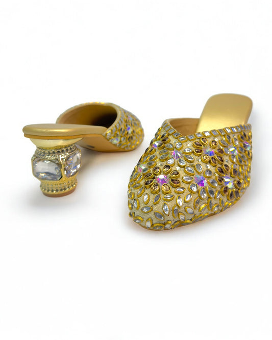 Women's Luxe Golden Antique Stone Women's Glass Kitten Heels – Elegant Footwear for Weddings, Receptions & Formal Event