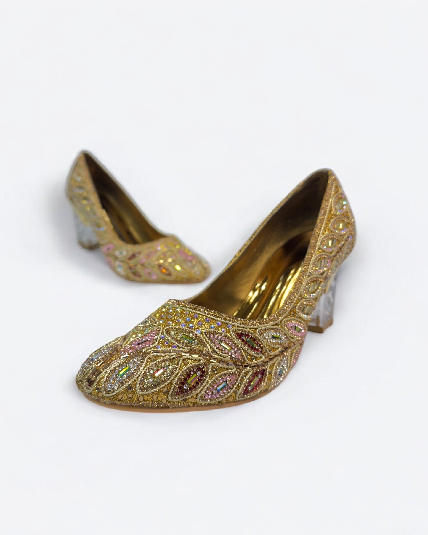 Women's Golden Antique Stone Box Heels – Luxury Wedding, Reception, & Formal Occasion Footwear