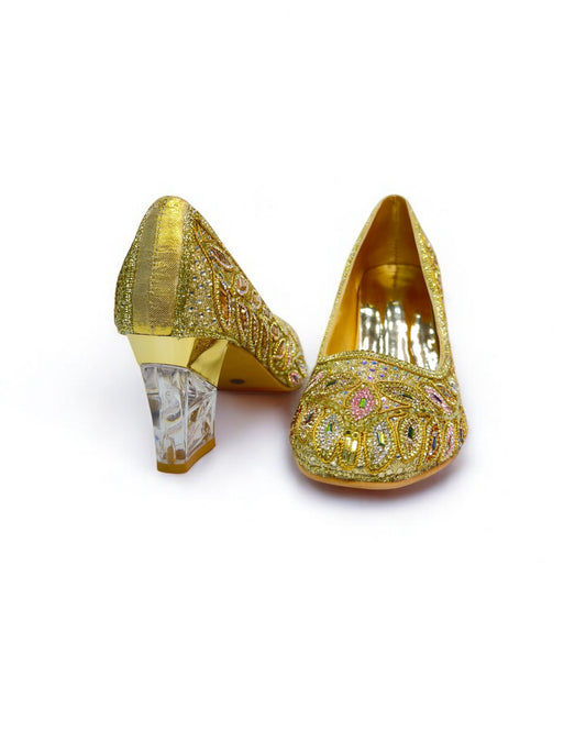 Women's Golden Antique Stone Box Heels – Luxury Wedding, Reception, & Formal Occasion Footwear
