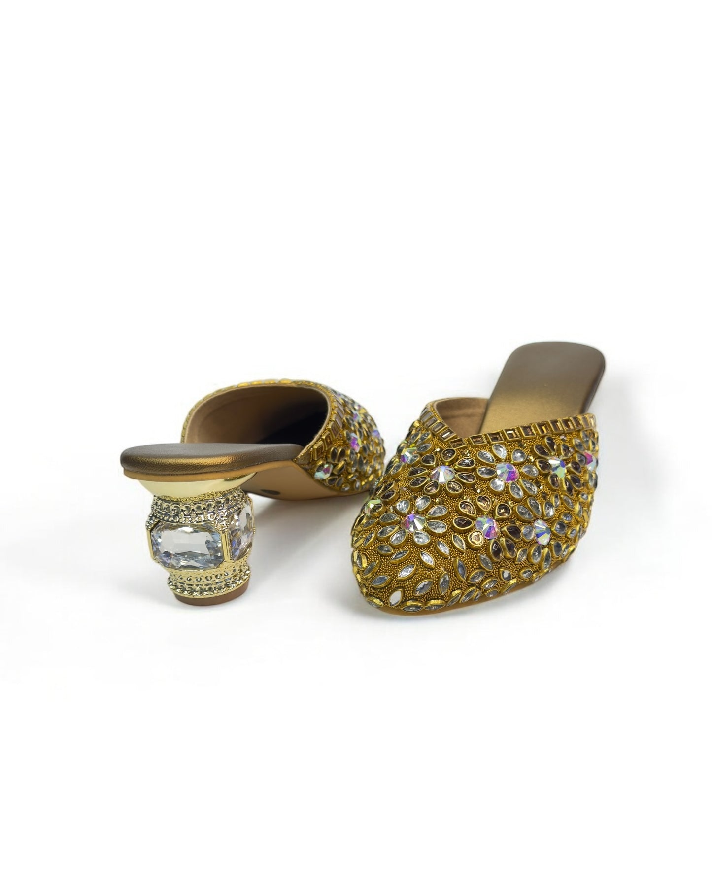 Women's Luxe Golden Antique Stone Women's Glass Kitten Heels – Elegant Footwear for Weddings, Receptions & Formal Event