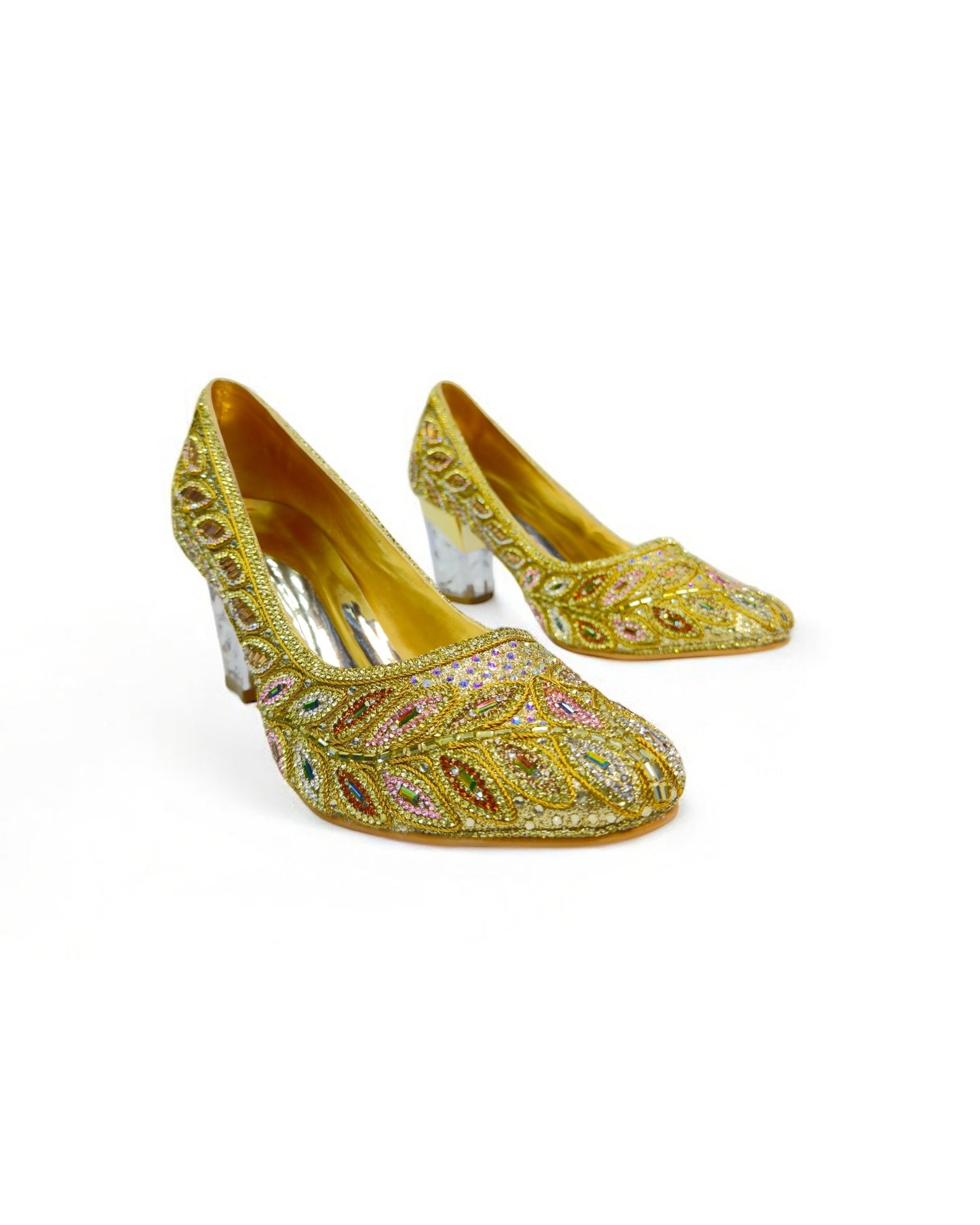 Women's Golden Antique Stone Box Heels – Luxury Wedding, Reception, & Formal Occasion Footwear