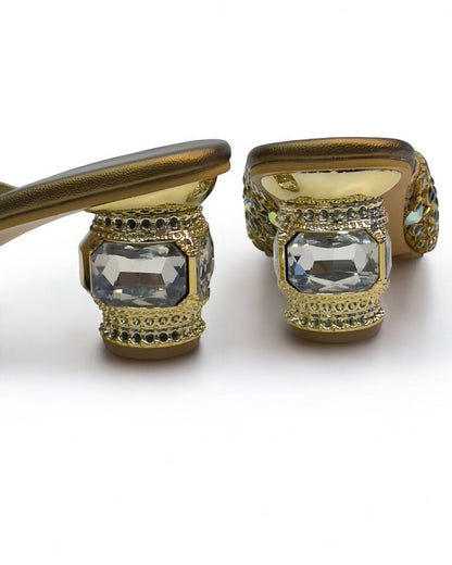 Women's Luxe Golden Antique Stone Women's Glass Kitten Heels – Elegant Footwear for Weddings, Receptions & Formal Event