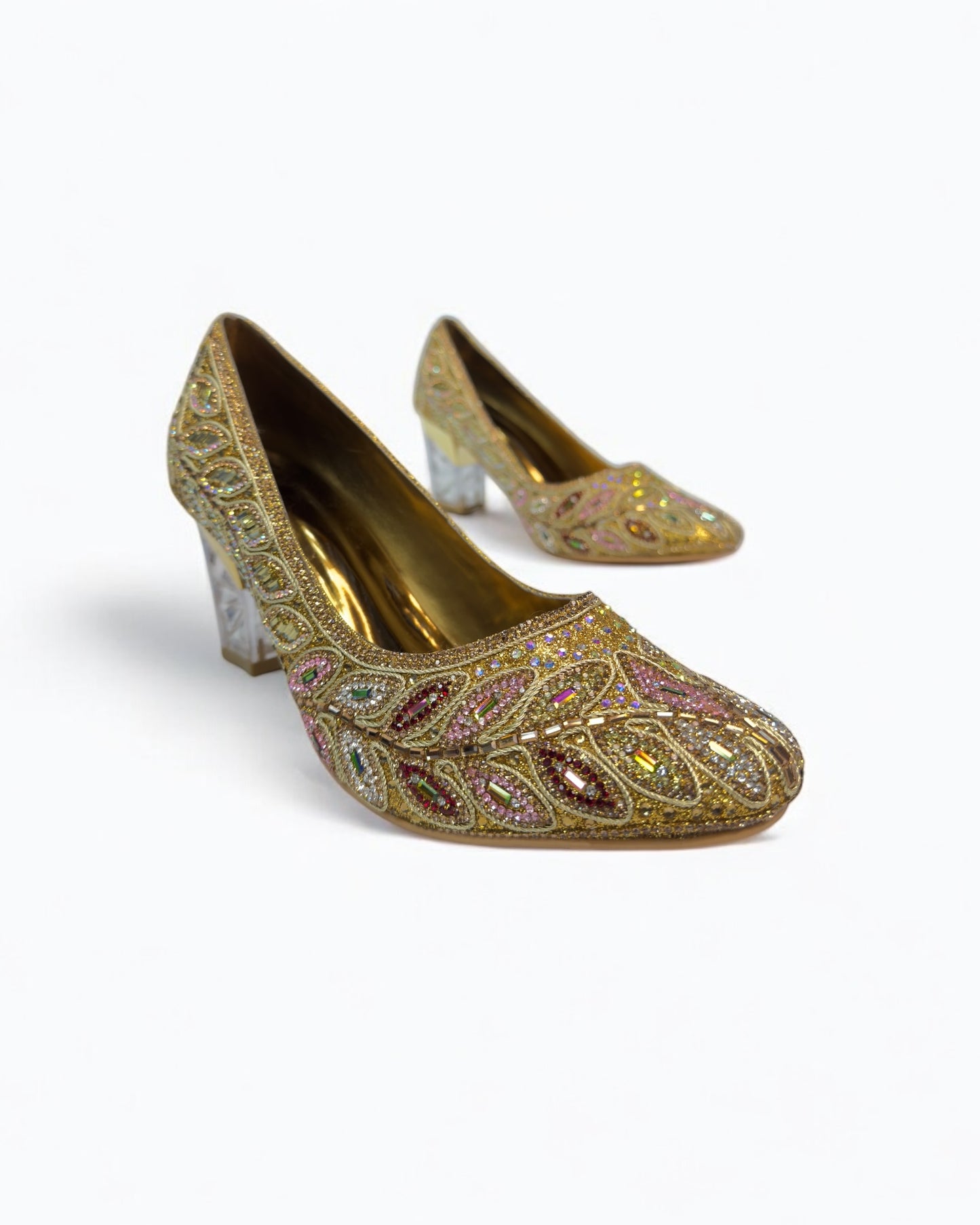 Women's Golden Antique Stone Box Heels – Luxury Wedding, Reception, & Formal Occasion Footwear