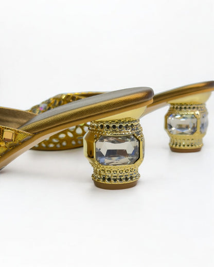 Women's Luxe Golden Antique Stone Women's Glass Kitten Heels – Elegant Footwear for Weddings, Receptions & Formal Event