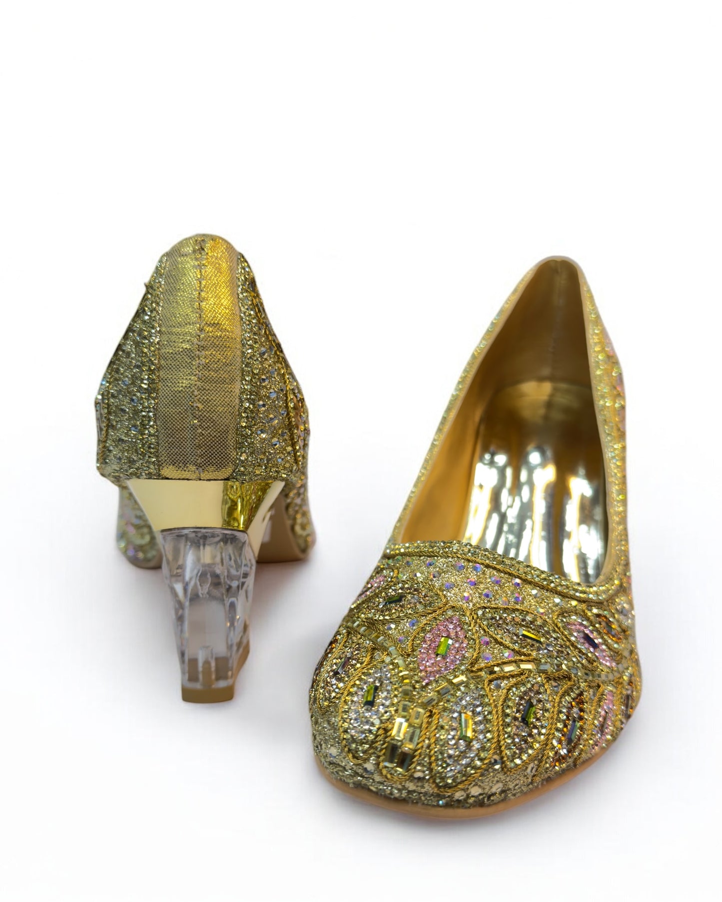 Women's Golden Antique Stone Box Heels – Luxury Wedding, Reception, & Formal Occasion Footwear