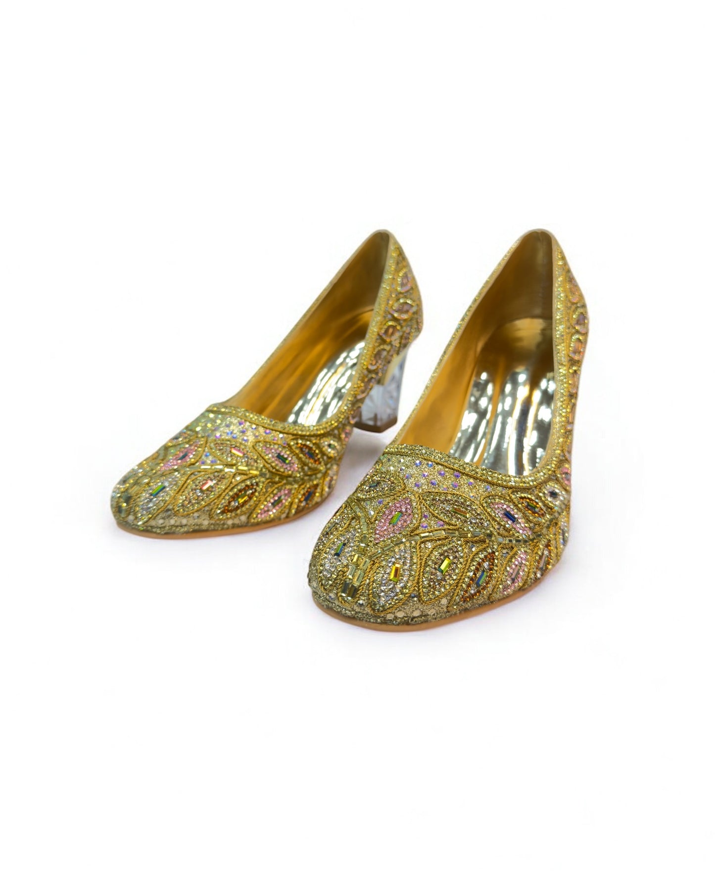 Women's Golden Antique Stone Box Heels – Luxury Wedding, Reception, & Formal Occasion Footwear