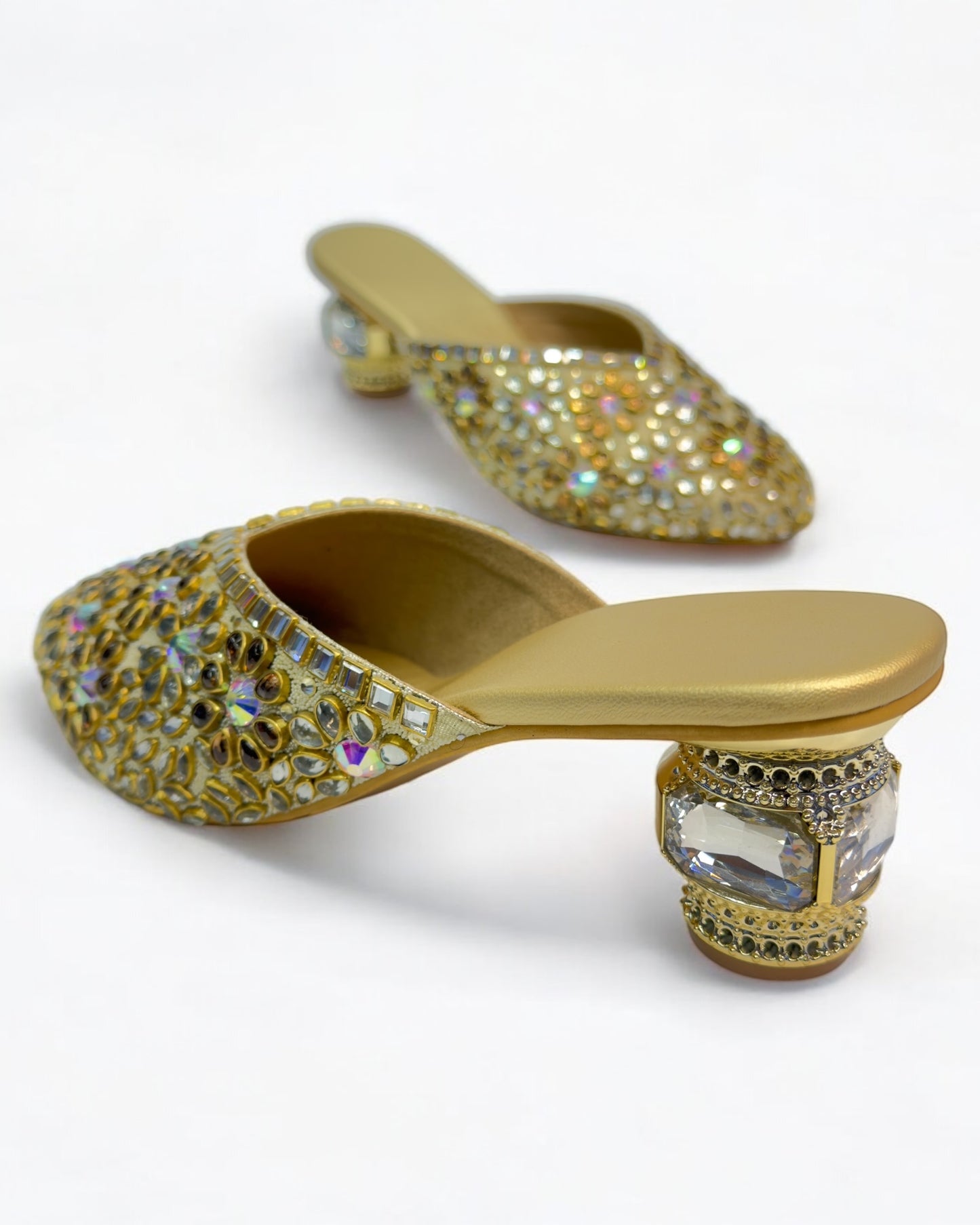 Women's Luxe Golden Antique Stone Women's Glass Kitten Heels – Elegant Footwear for Weddings, Receptions & Formal Event