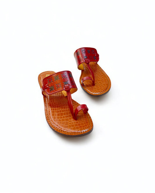 Women's Stylish Flat Leather Chappal with Diamond Multicolor Engraved Design –