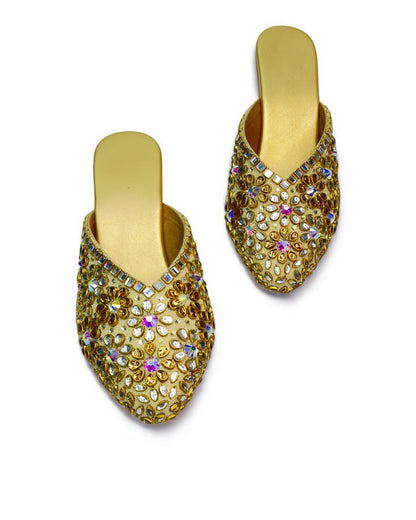 Women's Luxe Golden Antique Stone Women's Glass Kitten Heels – Elegant Footwear for Weddings, Receptions & Formal Event