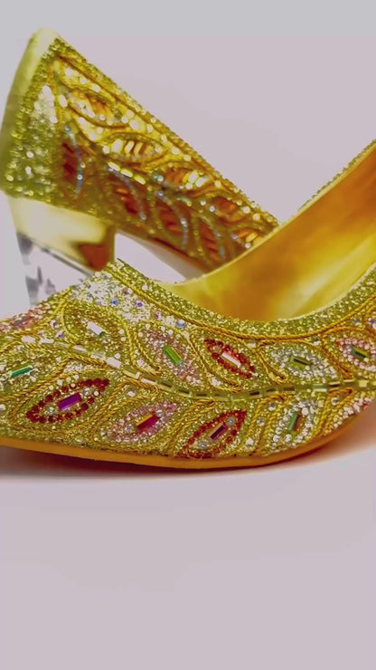 Women's Golden Antique Stone Box Heels – Luxury Wedding, Reception, & Formal Occasion Footwear
